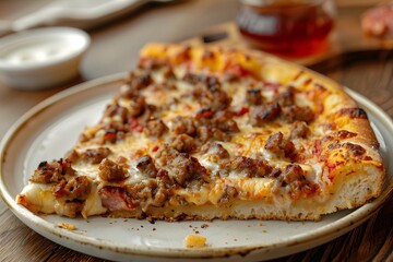 A slice of pizza on a plate on a table