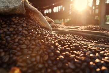 Sun shines to roasted coffee beans in jute burlap sacks stored at warehouse, closeup detail. Generative AI