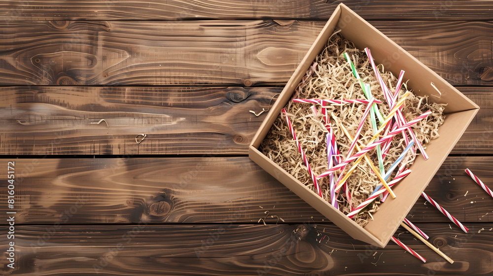 Poster Opened gift box with shredded paper on wooden background Brown paper box with decorative straws fillers for your product placement Flat lay top view Centre composition with empty space : Generative AI
