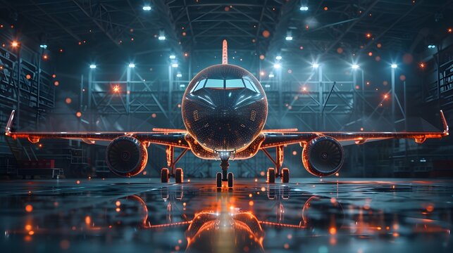 Close-up of airplane in illuminated hangar