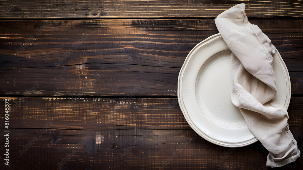 Poster Empty plate and linen napkin on brown wooden background Copy space Top view  Image : Generative AI