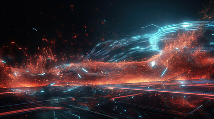 Obraz premium Abstract technology burst with glowing wires and particles in motion. Technology and science dynamic background.