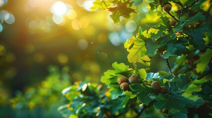 Oak tree in summer with green leaves acorns and sunlight Blurry foliage backdrop Close up shot