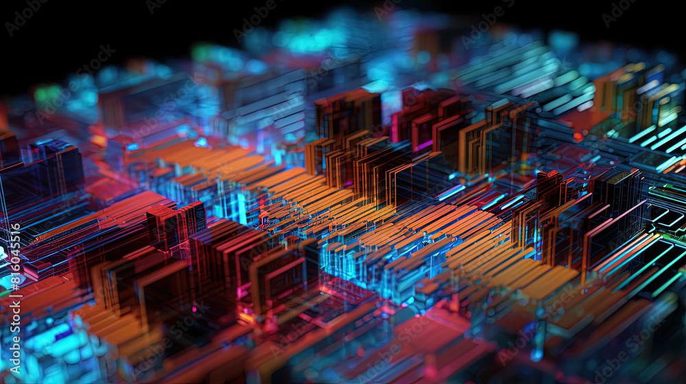 Aufkleber abstract motherboard structure with blocks and chips in purple and blue neon lights. technology back