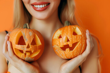 Woman holding Halloween pumpkin