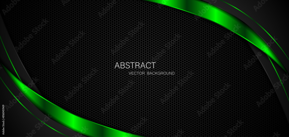 Poster abstract black and green curves with green lines on dark steel mesh background. with free space for 