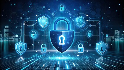 advanced digital cybersecurity concept with glowing blue padlock security icon with integrated network circuitry background