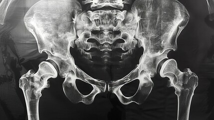 A clinical Xray image of a fractured femoral neck, emphasizing vertebrae and hip bones for effective orthopedic evaluation