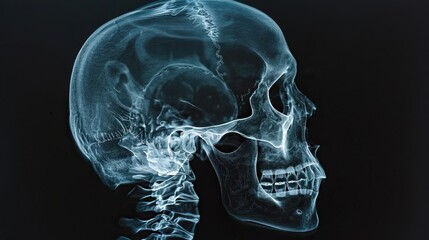 A comprehensive Xray of a human skull, highlighting intricate cranial details on a dark background, emphasizing the skeletal anatomy
