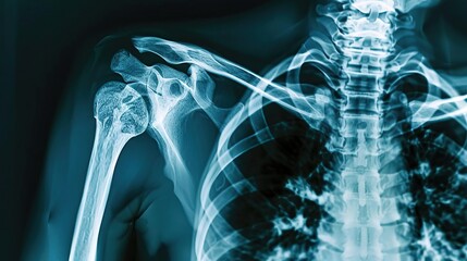 A comprehensive Xray image showcasing a broken shoulder blade, revealing the surrounding vertebrae for precise orthopedic assessment