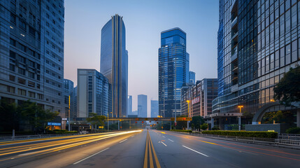 Fototapeta premium Highway and financial center office building in Chongqing China : Generative AI
