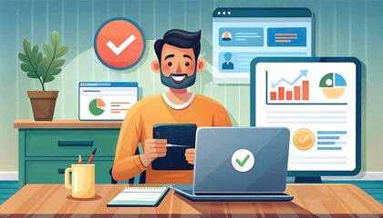 vector illustration of IT professional working at desk using laptop tablet with stylus surrounded by floating graphical interfaces showing tasks data analytics