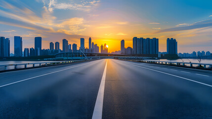 Obraz premium Asphalt road and bridge with modern city skyline at sunset in Ningbo Zhejiang Province China : Generative AI