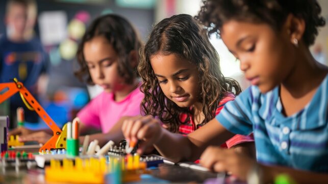 Group of children enthusiastically working on various toys and projects in a classroom setting.