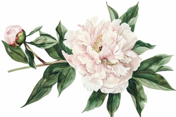 delicate peony flower with lush green leaves vintage botanical watercolor illustration