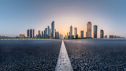 Asphalt road and city skyline with modern building at sunset in Suzhou Jiangsu Province China :...