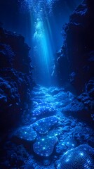 Captivating Bioluminescent Reef Illuminating the Underwater Abyss During a Tranquil Night Dive