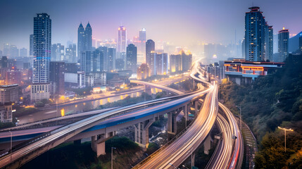 Fototapeta premium The expressway and the modern city skyline are in Chongqing China : Generative AI