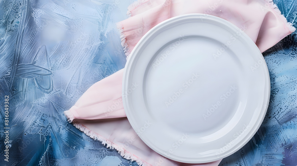 Poster Top view on colored background empty round white plate on tablecloth for food Empty dish on napkin with space for your design : Generative AI