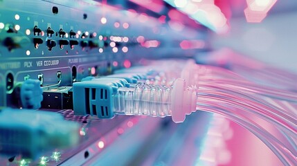 Hyper fast broadband for global data transfer, highlighted by an abstract technology background with fiber optic network connections