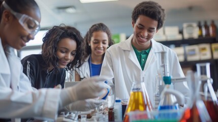 A group of students conducting experiments and working together in a laboratory setting.