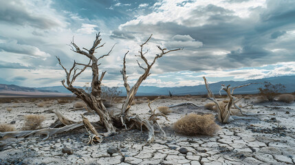 Trunks of dried dead trees with branches in middle of vast desert with cracked arid soil under cloudy sky : Generative AI