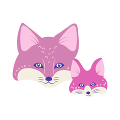 Heads of mom and baby foxes,  vector cartoon illustration