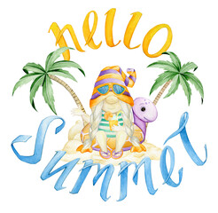 A cheerful Gnome, sitting on an inflatable toy under palm trees, on the beach, around lettering hello summer. watercolor clipart for printing on a T-shirt.