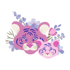 Mom and baby tigers, head with flowers, vector cartoon illustration