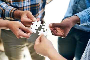 Puzzle, company and hands for connection, planning and teamwork for hope and goals. Partnership,...
