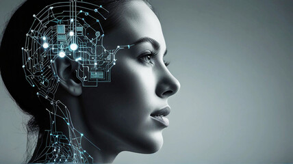 Obraz premium Businesswoman portrait silhouette and AI hologram with connection lines on white background. Artificial intelligence and smart technology. Concept of chatbot and machine learning. 