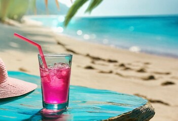 Glass with pink drink with a straw stands on a shabby wooden board with a lying straw hat on it on a tropical sandy beach by the ocean