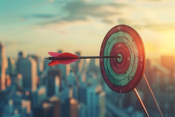 Arrows hitting target with city skyline in background
