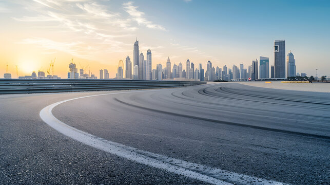 Panoramic skyline and buildings with empty race track road : Generative AI