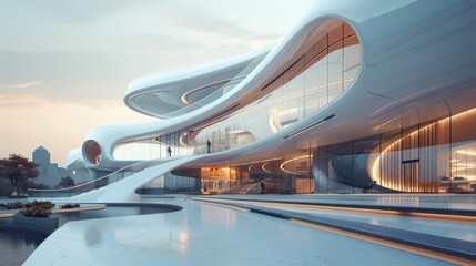 3d Futuristic Architectural Concept with Dynamic Curves and Glass Facades