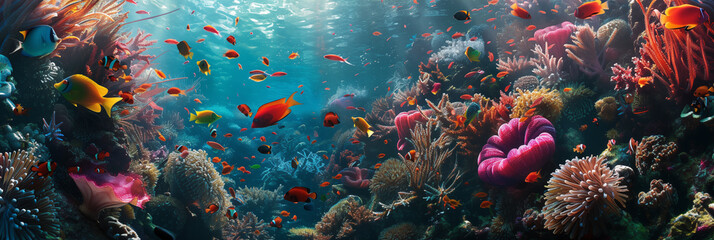Colorful underwater banner with coral reef teeming with diverse fish and marine plants. Panoramic web header. Wide screen wallpaper