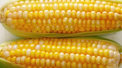 Fresh corn split in half up close against a white background