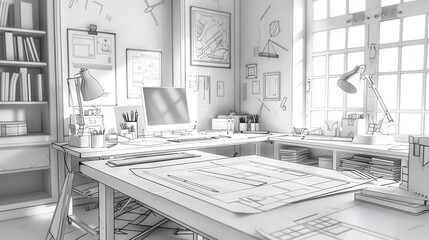 An architect s home studio with drafting table, blueprints, and architectural models, detailed and organized, sketch style, grayscale