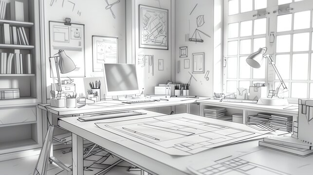 An architect s home studio with drafting table, blueprints, and architectural models, detailed and organized, sketch style, grayscale