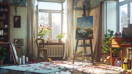 Artist s corner in a sunny room with an easel, canvas, and scattered paints, capturing the creative process, realistic, bright colors, digital painting