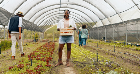 Black woman, agriculture or face of farmer with basket of vegetables, harvest or fresh produce. Farming sustainability, greenhouse or happy worker with crate of organic crops, natural or healthy food