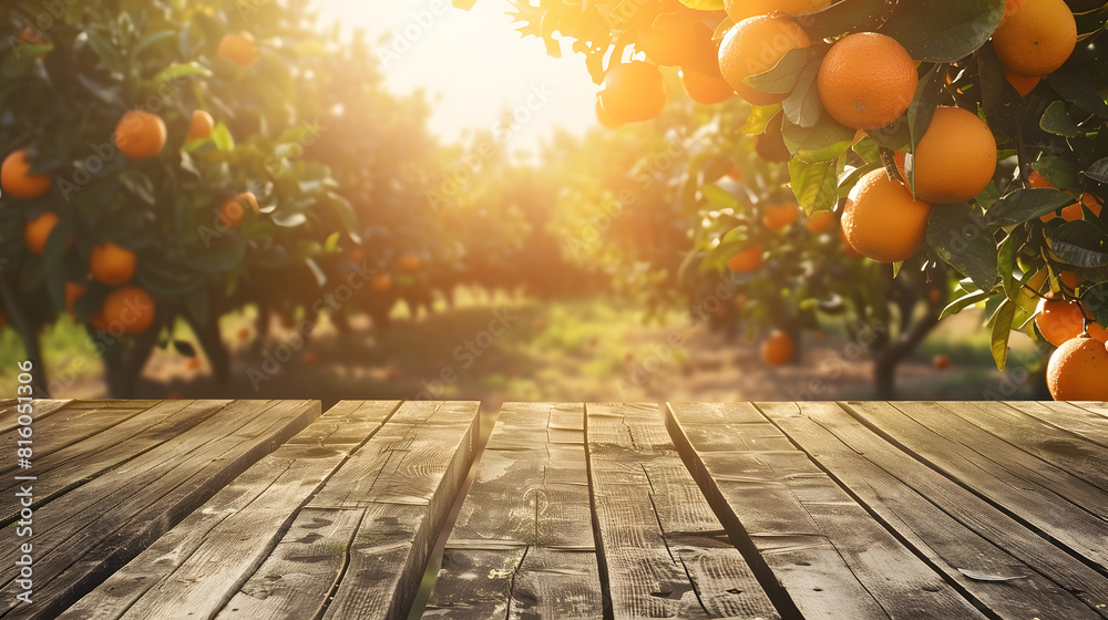 Aufkleber Empty wood table with free space over orange trees orange field background For product display montage : Generative AI