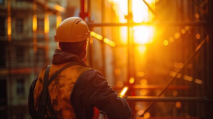 Two construction managers in safety gear review plans on a tablet during sunset, with the active construction site in the background..