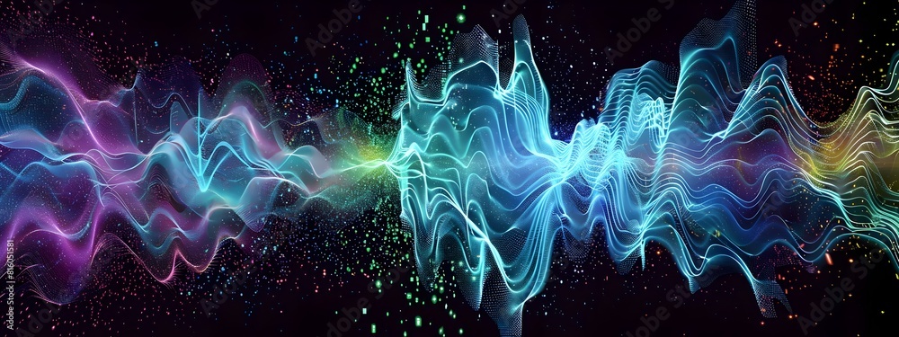 Poster d of a wave packet undergoing interference and producing frequency patterns in quantum mechanics