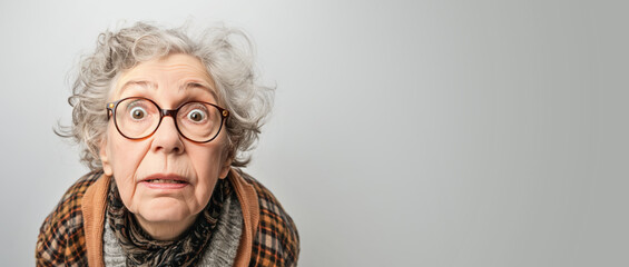 Funny looking senior woman in glasses, with surprised expression. Studio photo banner copy space at side. Generative AI	