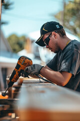 A construction worker using a nail gun