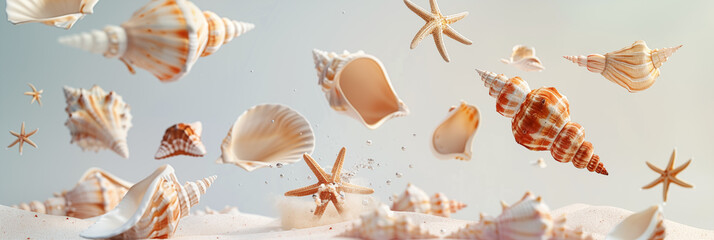 Levitating seashells and starfish exploding on sandy beach with particles in air banner. Panoramic web header. Wide screen wallpaper