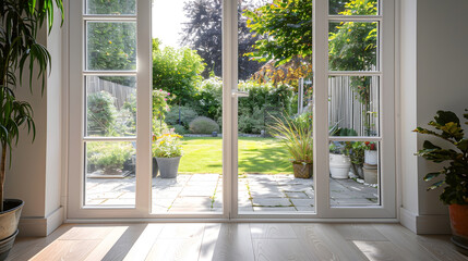 Fototapeta premium Beautiful garden and patio in summer seen from stylish designer room through bifold doors : Generative AI