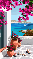 Illustration of seaside view from balcony with potted plants and flowers overlooking bay with boats
