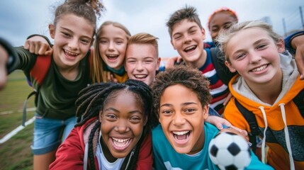 A diverse group of children smiling and posing for a selfie together on a green soccer field.